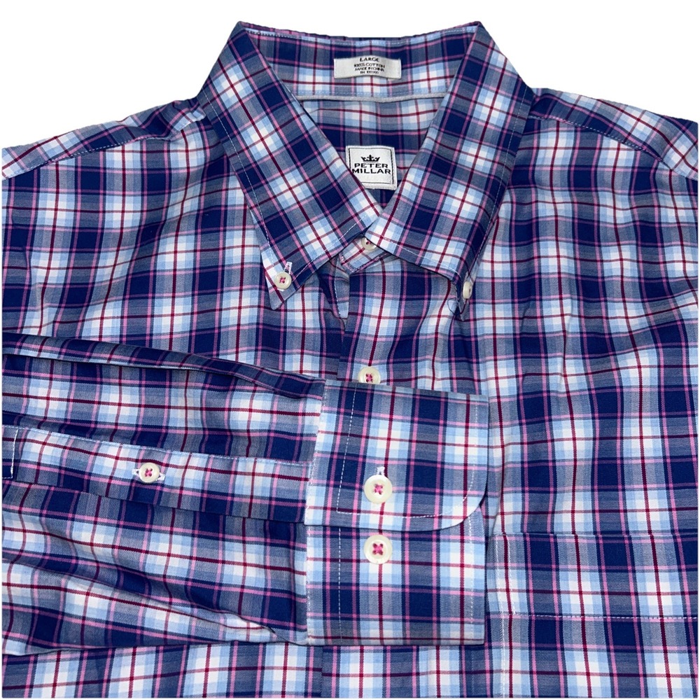 Peter Millar Long Sleeve Button Down Pink Blue White Checkered Shirt, Mens Large